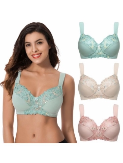 Curve Muse Plus Size Minimizer Unlined Wirefree Bra with Lace Embroidery-3Pack