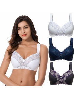 Curve Muse Plus Size Minimizer Unlined Wirefree Bra with Lace Embroidery-3Pack