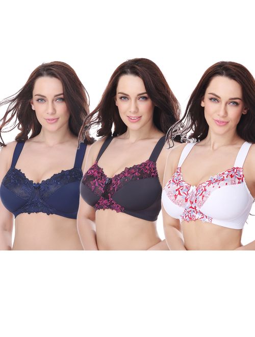 Curve Muse Plus Size Minimizer Unlined Wirefree Bra with Lace Embroidery-3Pack