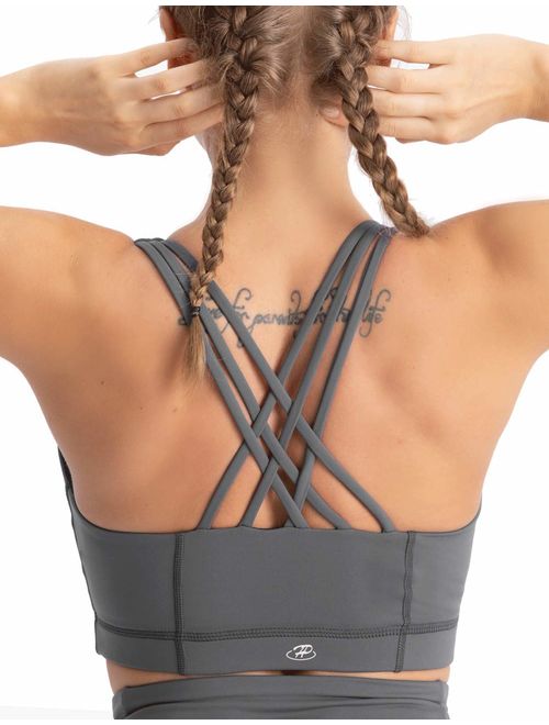 Hopgo Women's Zip Front Sports Bra Medium Impact Strappy Racer Back Workout Bra Padded Bra Top