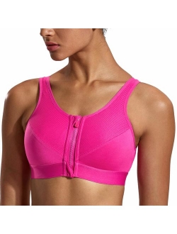 SYROKAN Women's High Impact Wireless Cross Back Support Front Zip Sports Bra