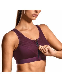 SYROKAN Women's High Impact Wireless Cross Back Support Front Zip Sports Bra