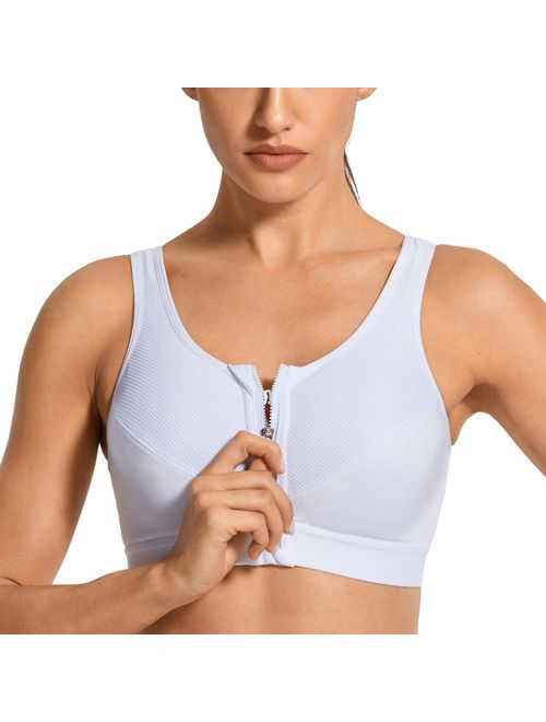 SYROKAN Women's High Impact Wireless Cross Back Support Front Zip Sports Bra