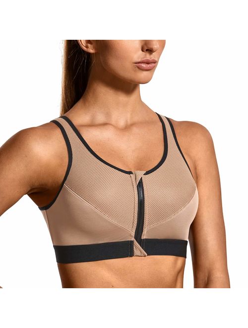 SYROKAN Women's High Impact Wireless Cross Back Support Front Zip Sports Bra