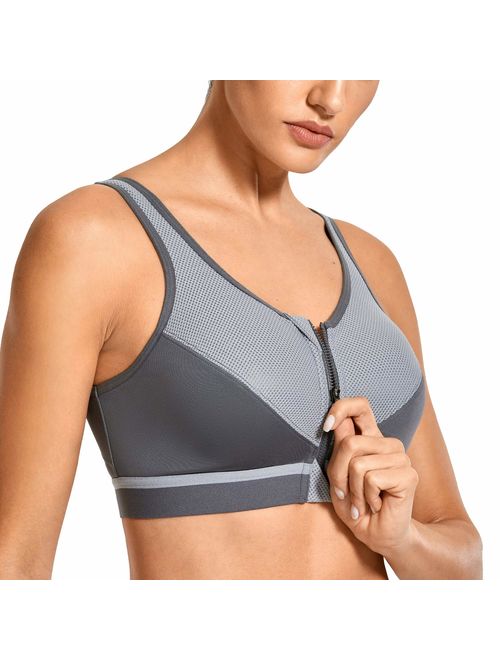 SYROKAN Women's High Impact Wireless Cross Back Support Front Zip Sports Bra