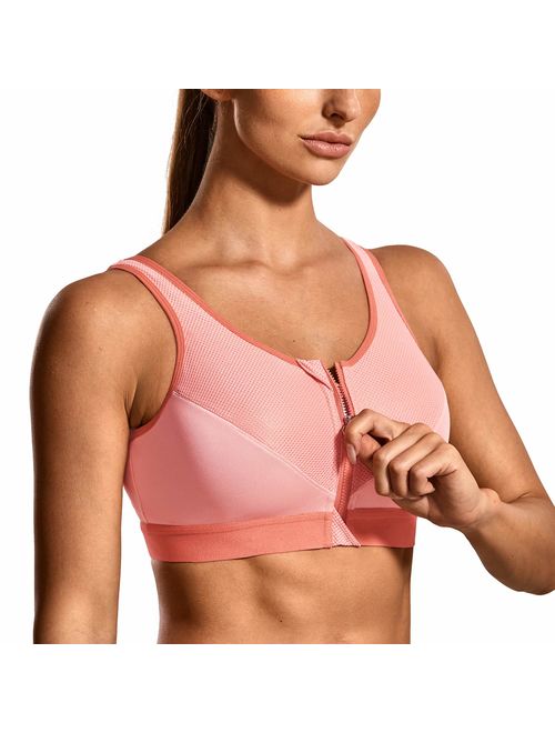 SYROKAN Women's High Impact Wireless Cross Back Support Front Zip Sports Bra