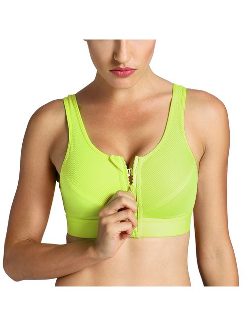 SYROKAN Women's High Impact Wireless Cross Back Support Front Zip Sports Bra