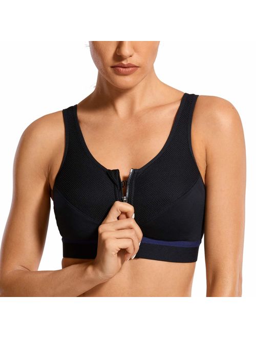 SYROKAN Women's High Impact Wireless Cross Back Support Front Zip Sports Bra