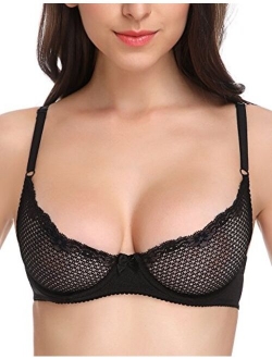 Wingslove Women's Sexy 1/2 Cup Lace Bra Balconette Mesh Underwired Demi Shelf Bra Unlined See Through Bralette