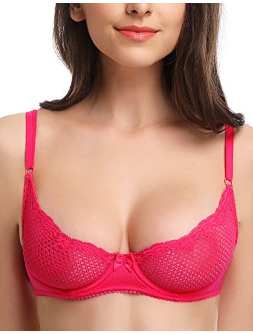 Wingslove Women's Sexy 1/2 Cup Lace Bra Balconette Mesh Underwired Demi Shelf Bra Unlined See Through Bralette