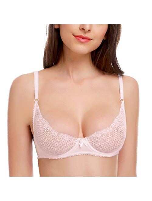 Wingslove Women's Sexy 1/2 Cup Lace Bra Balconette Mesh Underwired Demi Shelf Bra Unlined See Through Bralette