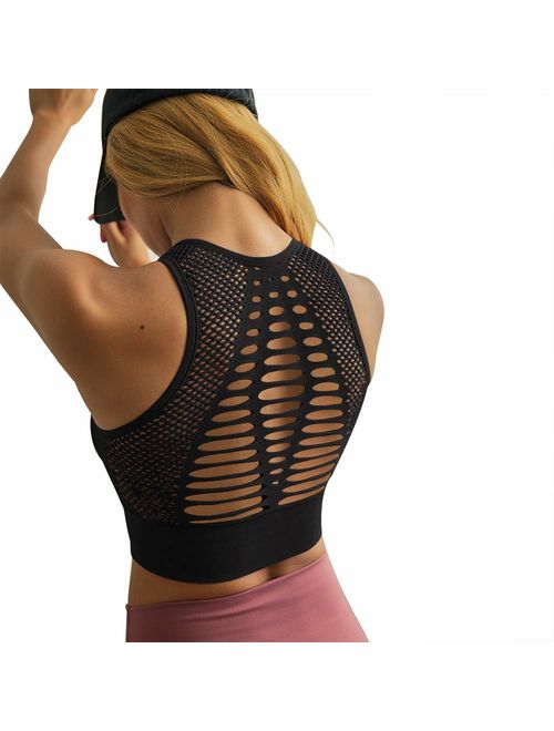 Hopgo Women's Seamless Sports Bra High Impact Mesh Openwork Workout Running Crop Tops Longline Yoga Bra