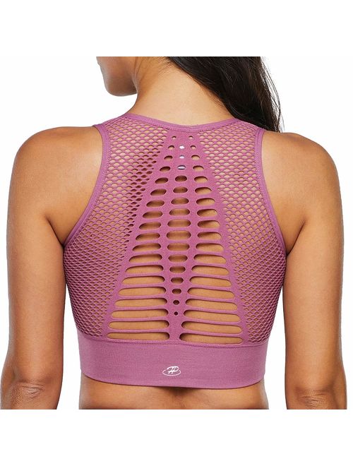 Hopgo Women's Seamless Sports Bra High Impact Mesh Openwork Workout Running Crop Tops Longline Yoga Bra