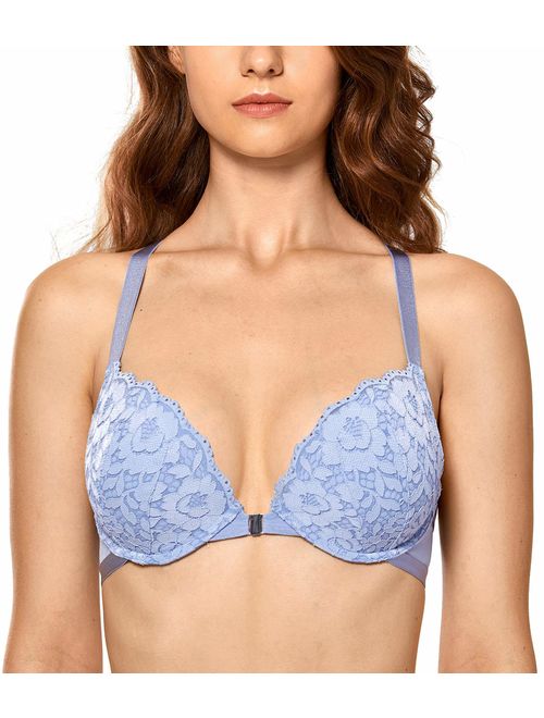 DOBREVA Women's Floral Lace Back Front Closure Padded Push Up Underwire Bra Plunge