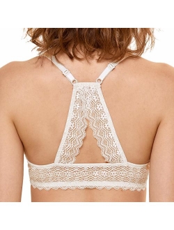 DOBREVA Women's Racerback Front Close Lace Bra Tshirt Push Up Padded Bra