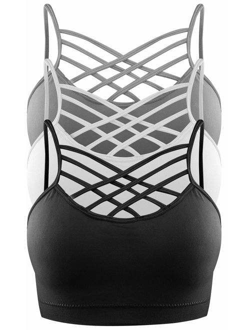 3 Pack Women's Seamless Wireless Triple Criss Cross Front Comfort Bralette with Removable Pads