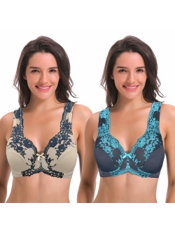 Women's Minimizer Unline Underwire Full Figure Bra with Embroidery Lace-2 Pack