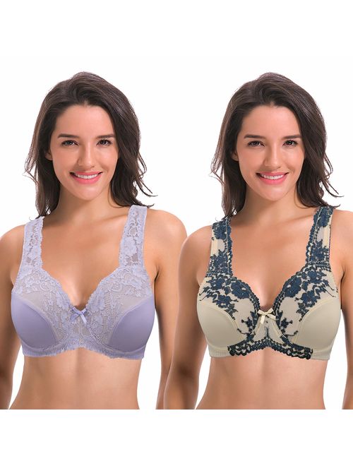 Women's Minimizer Unline Underwire Full Figure Bra with Embroidery Lace-2 Pack