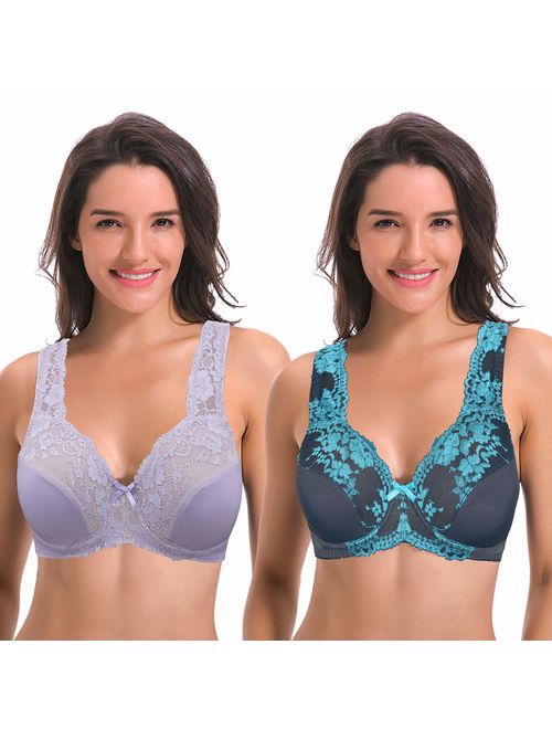 Women's Minimizer Unline Underwire Full Figure Bra with Embroidery Lace-2 Pack