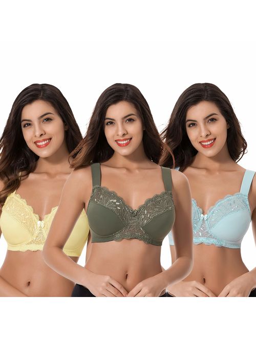 Curve Muse Plus Size Unlined Minimizer Wire Free Bra with Embroidery Lace-3Pack