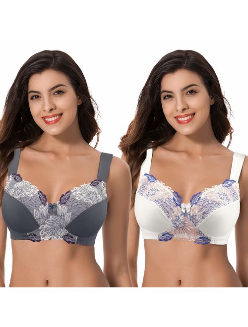 Curve Muse Womens Plus Size Minimizer Wirefree Unlined Bra with Embroidery Lace