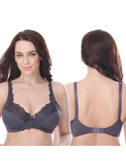 Curve Muse Plus Size Minimizer Underwire Unlined Bra with Embroidery Lace-3Pack