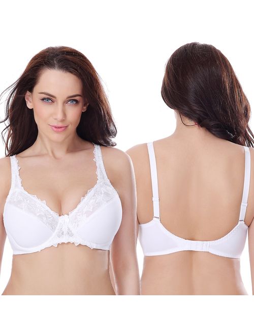 Curve Muse Plus Size Minimizer Underwire Unlined Bra with Embroidery Lace-3Pack