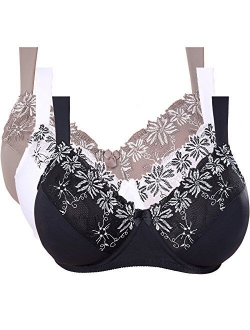 Curve Muse Plus Size Minimizer Underwire Unlined Bras with Embroidery Lace-3Pack