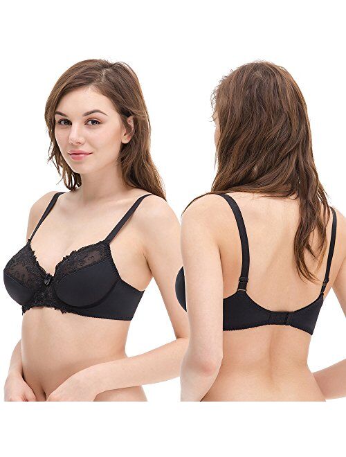 Curve Muse Plus Size Minimizer Underwire Unlined Bras with Embroidery Lace-3Pack