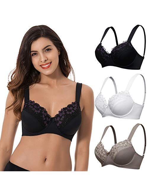 Curve Muse Plus Size Minimizer Underwire Unlined Bras with Embroidery Lace-3Pack