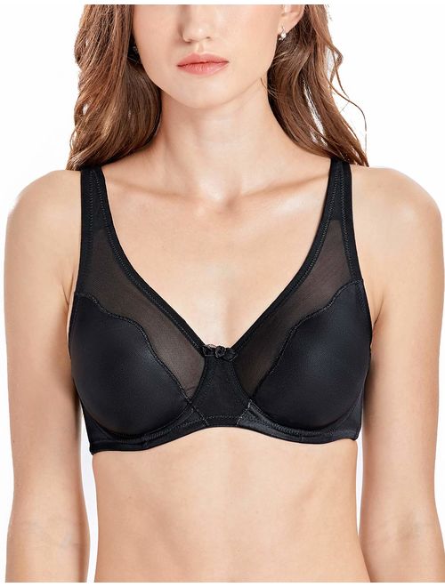 DELIMIRA Women's Full Coverage V-Neck Ulined Sheer Underwire Minimizer Bras