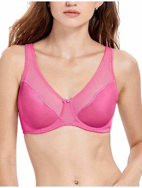 DELIMIRA Women's Full Coverage V-Neck Ulined Sheer Underwire Minimizer Bras