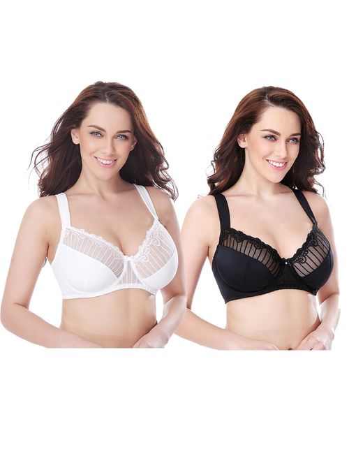 Curve Muse Womens Plus Size Minimizer Underwire Bra with Lace Embroidery-2 or 3 Pack