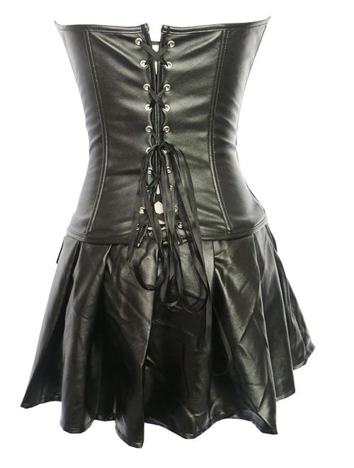 Blidece Women's Punk Rock Faux Leather Steampunk Corset Set Retro Goth Overbust Steel Bustier with Skirt