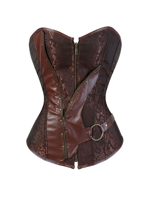 Blidece Women's Punk Rock Faux Leather Steampunk Corset Set Retro Goth Overbust Steel Bustier with Skirt