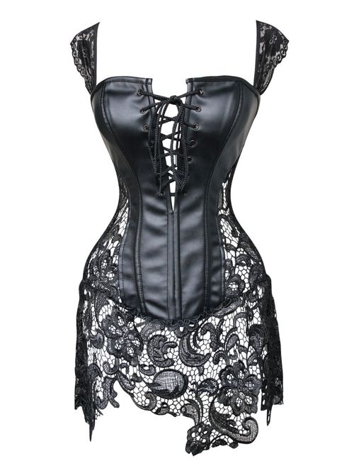 Blidece Women's Punk Rock Faux Leather Steampunk Corset Set Retro Goth Overbust Steel Bustier with Skirt