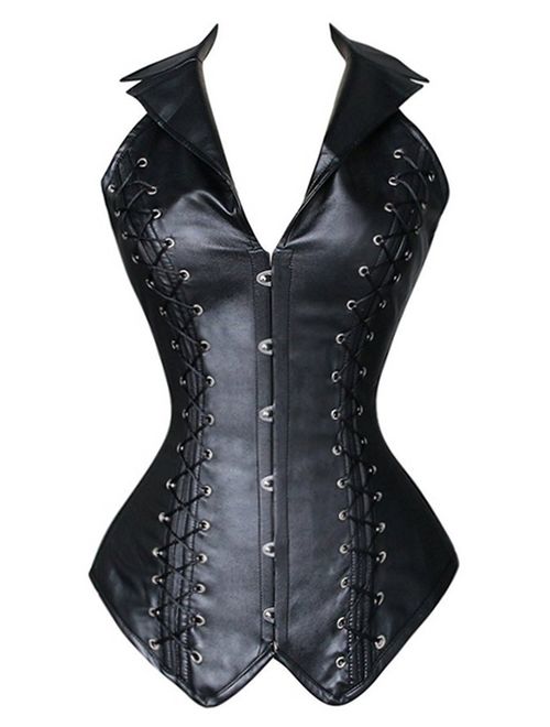 Blidece Women's Punk Rock Faux Leather Steampunk Corset Set Retro Goth Overbust Steel Bustier with Skirt