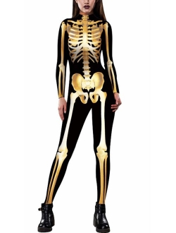 JomeDesign Halloween Costumes for Women 3D Skeleton Cosplay Jumpsuit Bodysuit