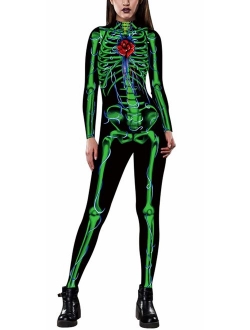 JomeDesign Halloween Costumes for Women 3D Skeleton Cosplay Jumpsuit Bodysuit