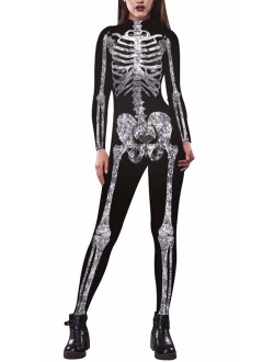 JomeDesign Halloween Costumes for Women 3D Skeleton Cosplay Jumpsuit Bodysuit