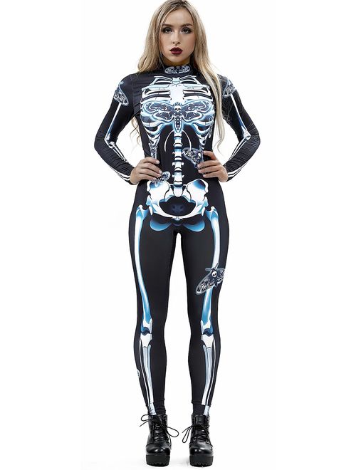 JomeDesign Halloween Costumes for Women 3D Skeleton Cosplay Jumpsuit Bodysuit