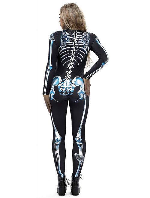 JomeDesign Halloween Costumes for Women 3D Skeleton Cosplay Jumpsuit Bodysuit