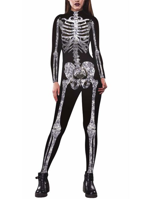 JomeDesign Halloween Costumes for Women 3D Skeleton Cosplay Jumpsuit Bodysuit