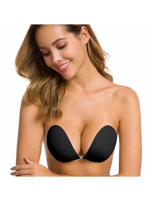 Niidor Women's Reusable Sticky Push-up Bra Backless Strapless Silicone Bra  with Adhesive Nipple Covers 