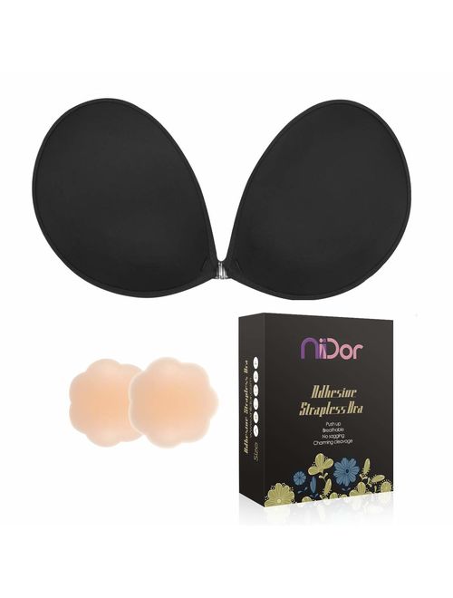 Niidor Adhesive Bra Strapless Sticky Invisible Push up Silicone Bra for Backless Dress with Nipple Covers Nude