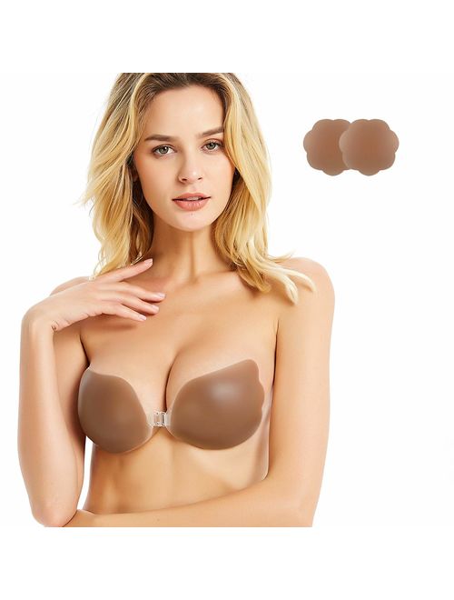 Niidor Adhesive Bra Strapless Sticky Invisible Push up Wing-Shape Silicone Bra for Backless Dress with Nipple Covers