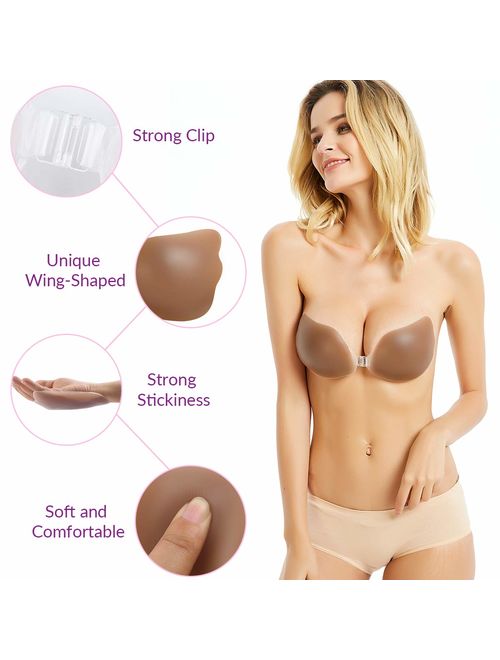 Niidor Adhesive Bra Strapless Sticky Invisible Push up Wing-Shape Silicone Bra for Backless Dress with Nipple Covers