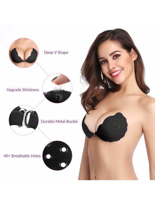 Niidor Sticky Bra, Breathable Strapless Bra Adhesive Push Up Backless Bras for Women