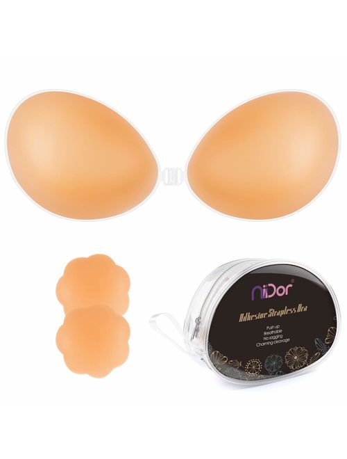 Niidor Adhesive Bra Strapless Sticky Invisible Push up Silicone Bra for Backless Dress with Nipple Covers