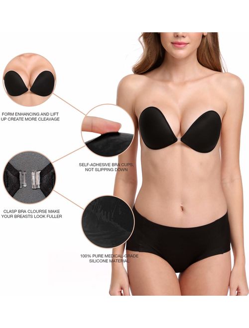 Wingslove Adhesive Bra Reusable Strapless Self Silicone Push-up Invisible Sticky Bras for Backless Dress